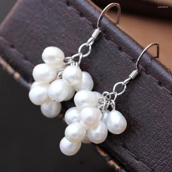 Boucles d'oreilles à tige 6-7mm, perles d'eau douce naturelles blanches/roses/noires, crochet en argent pendantes de raisin