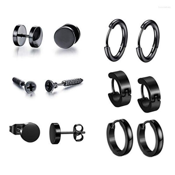 Boucles d'oreilles rondes en acier inoxydable noir pour hommes et femmes, 6 styles/ensemble, bijoux à la mode, cadeaux Punk Cool