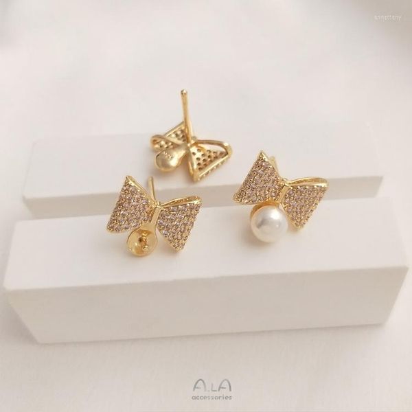 Boucles d'oreilles à tige 6 pièces rétention de couleur 14K or véritable rempli de cuivre 12MM Zircon nœud papillon bijoux à bricoler soi-même faisant des accessoires résultats