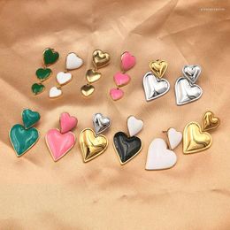 Boucles d'oreilles à clous en acier inoxydable pour femmes, bijoux à la mode, cœurs en émail, 6 pièces/lot