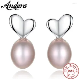 Boucles d'oreilles étalon 7-8 mm violet d'eau douce perle sterling argent 925 bijoux mode simple boucle oreille coeur pour les femmes