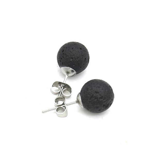 Boucles d'oreilles à tige 8mm 10mm perle de pierre de lave noire naturelle bricolage diffuseur d'huile essentielle roche bijoux d'oreille en acier inoxydable