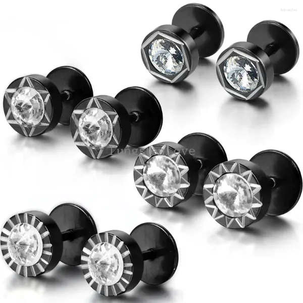 Boucles d'oreilles étalon 8 mm noirs en acier inoxydable hommes unisex ensemble rond fausse bouchons d'oreille motif de fleur de soleil faux civière