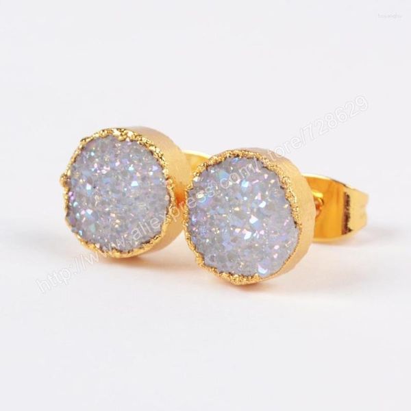 Boucles d'oreilles 8 mm Gold Cold Round Studs Crystal Natural Crystal Titanium Ab Druzy G0680