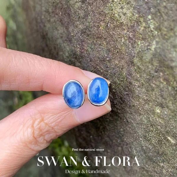 Boucles d'oreilles étalon 8 mm ovale bleu naturel kyanite pour les femmes Real 925 Gift Femme vintage en argent sterling empêcher les allergies fines bijoux