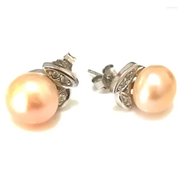 Pendientes de semental 9-10 mm Botón de color rosa natural Pearl 925 Earring de plata esterlina con circonio