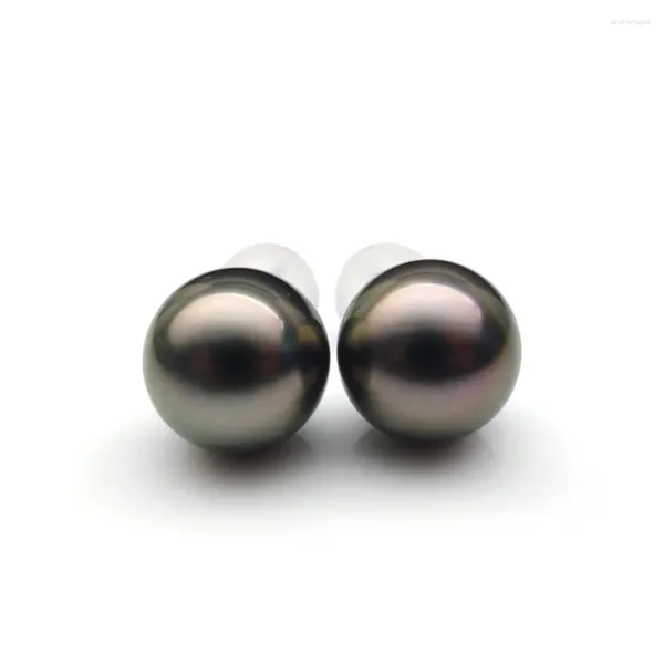 Boucles d'oreilles à tige 9-9,5 mm noir naturel véritable perle de Tahiti or blanc massif 18 carats