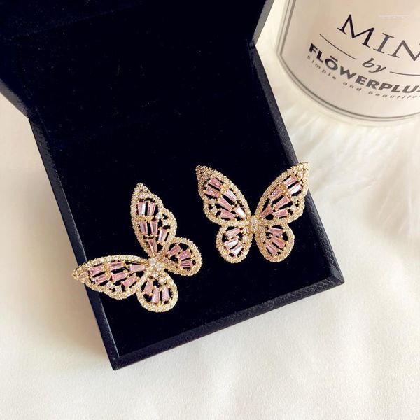 Boucles d'oreilles 925 aiguilles pour femmes sucrées rose creux rose cubique zircone diamant papillon masse d'oreille tempérament bijoux fin