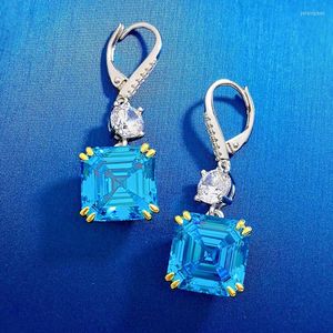 Boucles d'oreilles à tige en argent pur 925 crochet d'oreille femme luxe incrustation 12 bleu de mer trésor blanc diamant carré pagode haute teneur en carbone