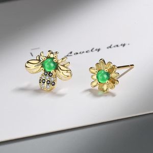 Boucles d'oreilles asymétriques en argent 925, abeille, fleur de soleil, vert émeraude pour femmes, bijoux Pendientes Brincos