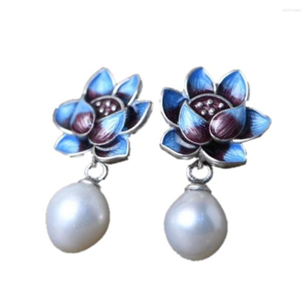 Boucles d'Oreilles Tige Argent 925 Brûlé Bleu Email Couleur Lotus Femme Thai Vintage Littérature Et Art Perle Femme