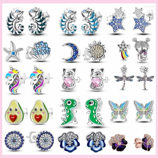 Pendientes de tuerca de plata 925, camaleón, unicornio, circonita bonita, ojos azules, flor pequeña para mujeres y niñas, regalo de joyería encantador