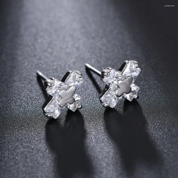 Boucles d'oreilles en argent 925, croix carrée, petit Zircon pour femmes, dames, filles