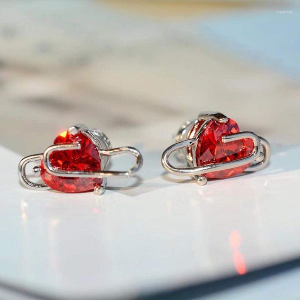 Pendientes de tuerca de plata 925 con incrustaciones de diamantes, Clip de papel rojo en forma de corazón para mujer, joyería romántica de regalo de compromiso de alta gama