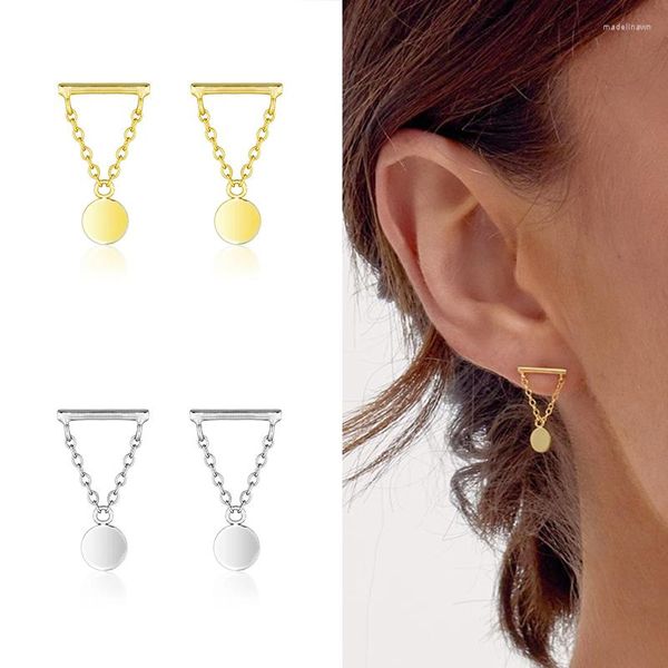 Pendientes de tuerca de plata 925, colgante de moneda con cadena de aguja para oreja para mujer, regalo de joyería de moda de Color dorado Simple