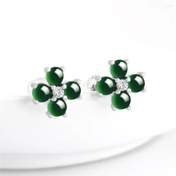 Pendientes de tuerca de plata 925, cuentas de jadeíta verde Natural, flor, pendiente de la suerte, certificado Retro de lujo, joyería nupcial para las orejas de Jade para mujer