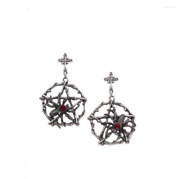 Pendientes de tuerca de aguja de plata 925, Cruz de aleación Vintage, circonita roja, araña de cinco estrellas para mujer, accesorios geniales Punk Harajuku ahuecados