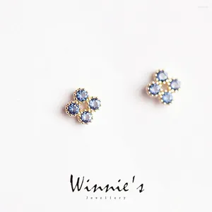Boucles d'oreilles en argent 925 pour femmes, bijoux originaux en or 14 carats, fleur en Zircon bleu, Piercing de luxe, bijoux de mariage