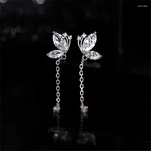 Boucles d'oreilles 925 Chaîne de gland plaqué en argent Clear Zircon Butterfly For Women Girl Elegant Wedding Party Bijoux E019