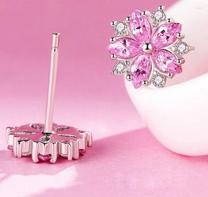 Stud -oorbellen 925 Zilveren zoete kers voor jonge vrouwen roze zirkoon bloembladen delicate Brincos sieraden kpop bloemen Bijoux femme