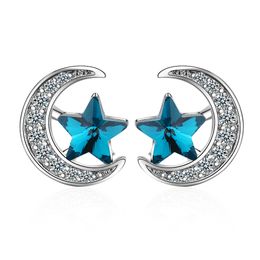 Boucles d'oreilles à clous en argent 925 et Zircon pour femmes, bijoux de luxe avec étoile bleue scintillante et lune en cristal, bijoux de fête de mariage