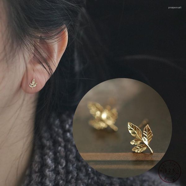 Boucles d'oreilles à tige en argent 925, feuille d'or unique pour femmes, bijoux plaqués or 14 carats en érable