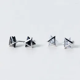 Pendientes de tuerca de plata de ley 925 con geometría triangular sólida 3D para mujeres, hombres, opciones blancas y negras, joyería pequeña