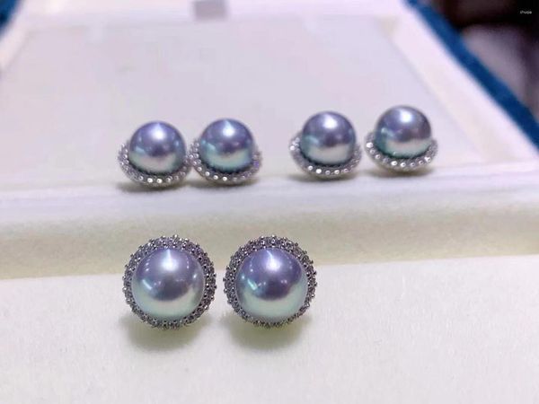 Pendientes de tuerca de Plata de Ley 925, Perla AKOYA de 7,5-8mm para mujer, cuentas redondas azules y grises en forma de girasol, regalos finos para fiesta de boda