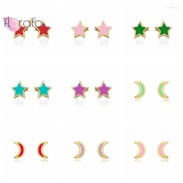 Pendientes de tuerca de plata de ley 925, aguja de oreja con bonito esmalte de Color caramelo, pendiente de abalorio de luna y estrella, joyería de oro para niñas