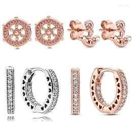Boucles d'oreilles en argent sterling 925, ancre rose et roue pavée de cœur avec cristal pour femmes, cadeau de mariage, bijoux à la mode