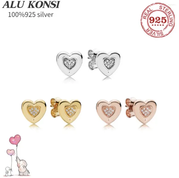 Boucles d'oreilles 925 Silver Silver Earge Rose Pan Golden Two-Tone Signature Heart With Crystal for Women DIY Gift Fashion Bijoux