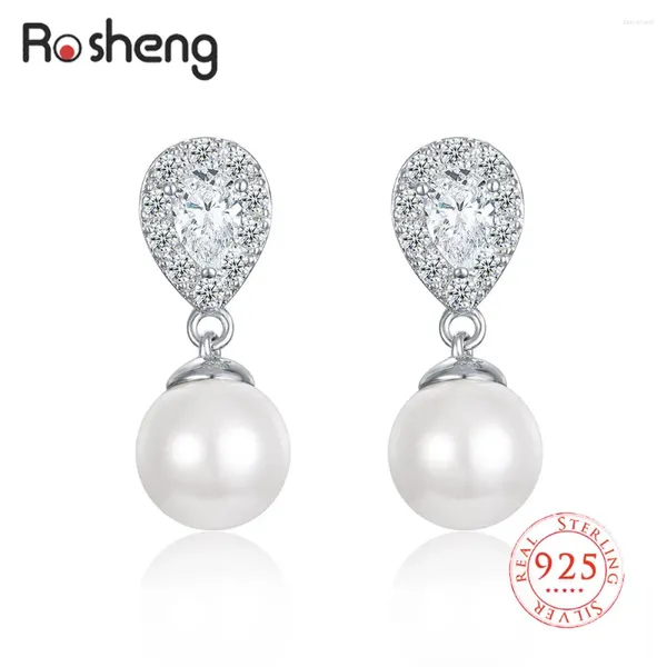 Boucles d'oreilles 925 Silver Silver Elegant Drop for Women Shell Simulated-Pearl Round Gems Brincos Widding Engagement Gift