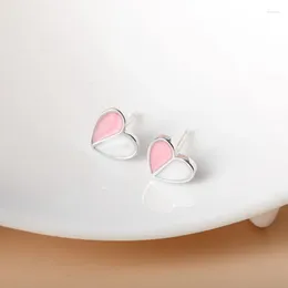 Pendientes de tuerca de Plata de Ley 925 para mujer, bonito pendiente con esmalte rosa, excelente corazón elegante, joyería sencilla para mujer y niña