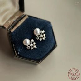 Pendientes de tuerca con incrustaciones de plata de ley 925, geometría de perlas de circón para mujeres y niñas, accesorios de joyería con temperamento exquisitos