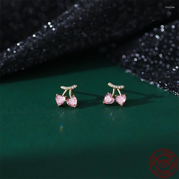 Pendientes de tuerca de Plata de Ley 925, cereza coreana rosa en forma de corazón para mujer, regalo de joyería de boda de circón exquisito dulce