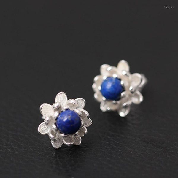 Boucles d'oreilles à tige en argent Sterling 925 Lapis Lazuli perle fleurs de Lotus pour femmes élégant tempérament bijoux d'oreille