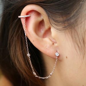 Boucles d'oreilles en argent Sterling 925, longue chaîne, pompon avec lunette, minuscule manchette scintillante en Cz, boucle d'oreille de luxe à la mode pour femmes