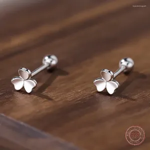 Pendientes de tuerca de Plata de Ley 925, flor de tres hojas de Metal para niñas, pendiente de planta de tornillo de temperamento, joyería coreana para mujer