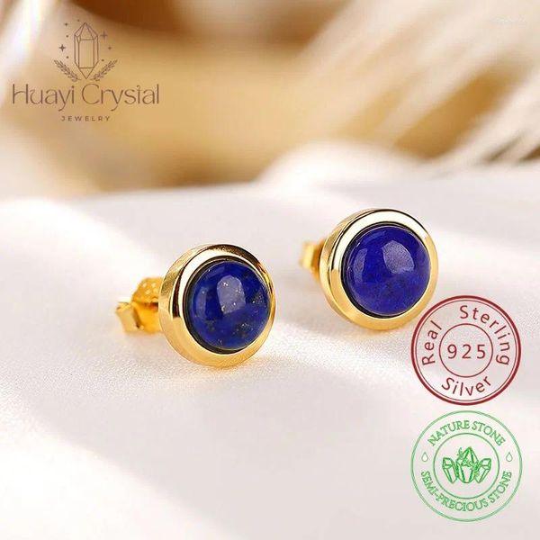 Boucles d'oreilles à tige en argent sterling 925 avec lapis-lazuli naturel, perles rondes minimalistes plaquées or 18 carats pour femmes et filles