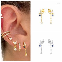 Stud -oorbellen 925 Sterling Silver Naald Star Tassel Pendant voor vrouwen 2023 Ins Charm Blue Crystal Earring Fijne sieraden