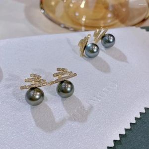 Boucles d'oreilles en argent Sterling 925 pour femmes, perles rondes de 9 à 10mm, bijoux de fête à la mode, tahitiens noirs