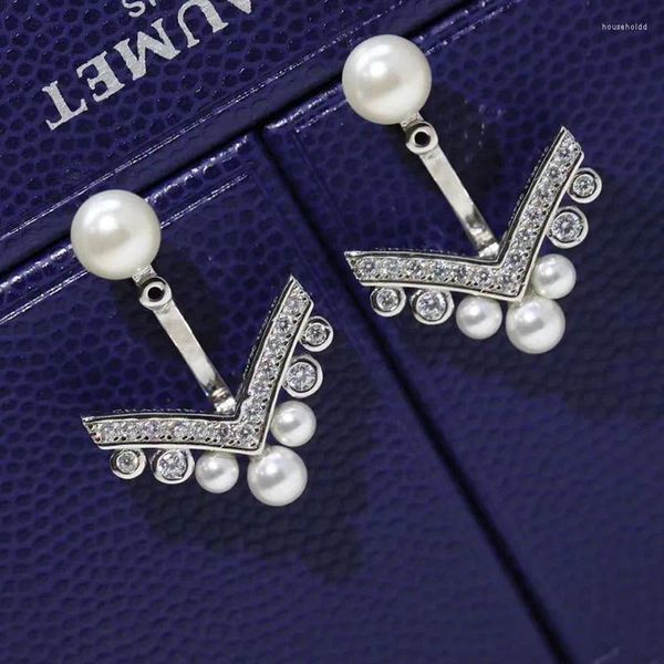 Pendientes de perlas de plata de ley 925 para mujer galvanizadas con diamantes engastados en vino blanco de 18 quilates como regalo de lujo de moda