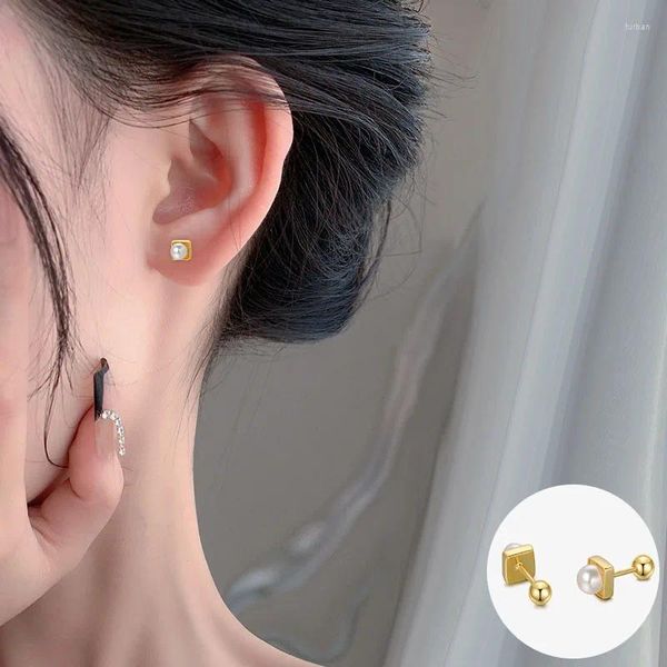 Pendientes de tuerca de Plata de Ley 925 con perlas geométricas para mujer y niña, joyería de diseño cuadrado pequeño Vintage, gota de regalo de cumpleaños