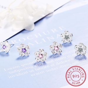 Stud -oorbellen 925 Sterling zilveren roze/paars/witte zirconia kersenbloesems bloem oorbel voor vrouwen fijne juwelierpendientes