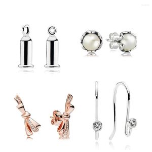 Stud -oorbellen 925 Sterling Silver Rose Rilliant Bow Earring Barrel Gekweekt elegantie White Pearl Charm Post