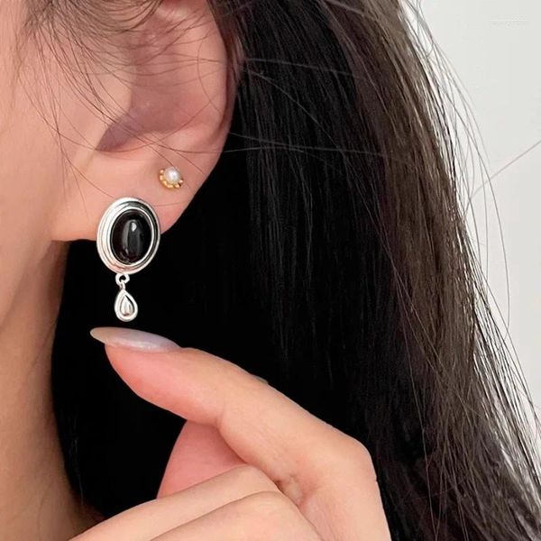 Boucles d'oreilles en argent Sterling 925, rondes noires, gouttelettes Punk géométriques pour femmes et filles, cadeau, bijoux, vente en gros