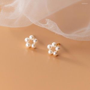 Boucles d'oreilles en argent sterling 925 simples petites petites perles de coquillage perles synthétiques fleur creuse pour fille dame fille bijoux