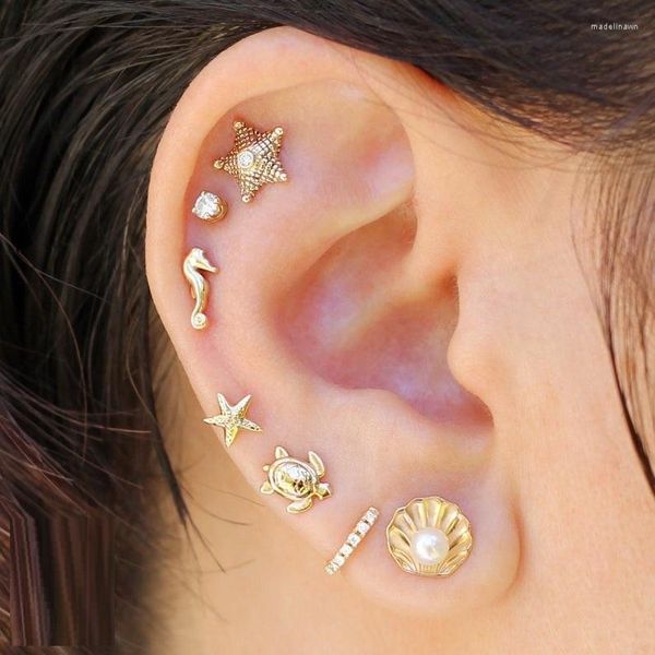 Boucles d'oreilles à tige en argent sterling 925 petite mini boucle d'oreille 2023 Summer Beach Collection Sea Star Shell Pearl Minimal Delicate Jewelry