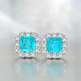 Stud -oorbellen 925 Sterling Silver Square gecreëerd Paraiba Tourmaline Gemstone Ear Studs Ladies Fine Jewelry