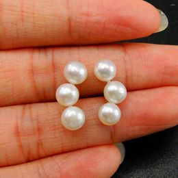 Stud -oorbellen 925 Sterling Silver Three Stones Natural Freshwater Pearl Women's Earring voor cadeau